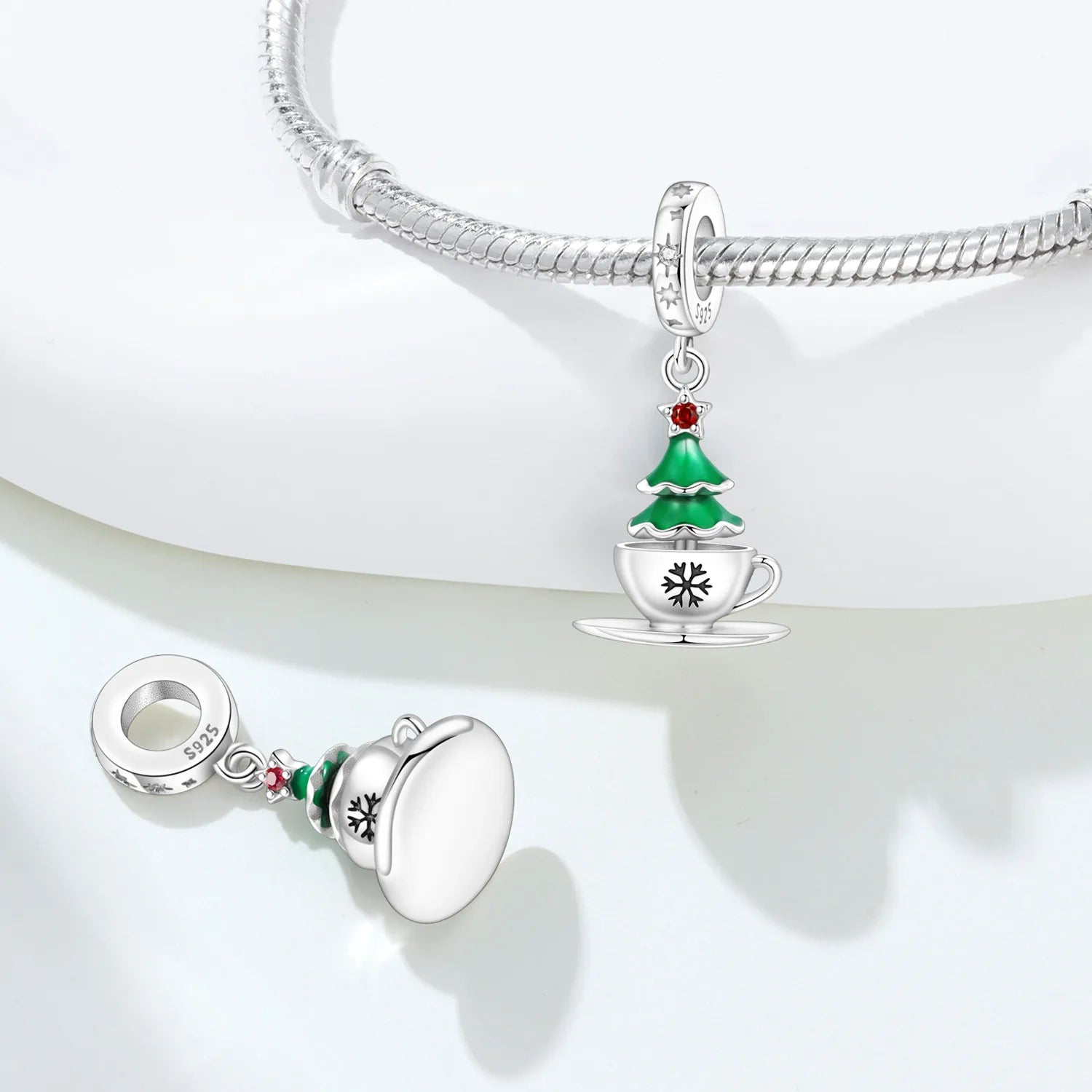 PANPOKI 925 Sterling Silver Christmas Tree Coffee Pendants Bracelet Charms Fit Women Jewelry Party Beads DIY Trendy Gifts