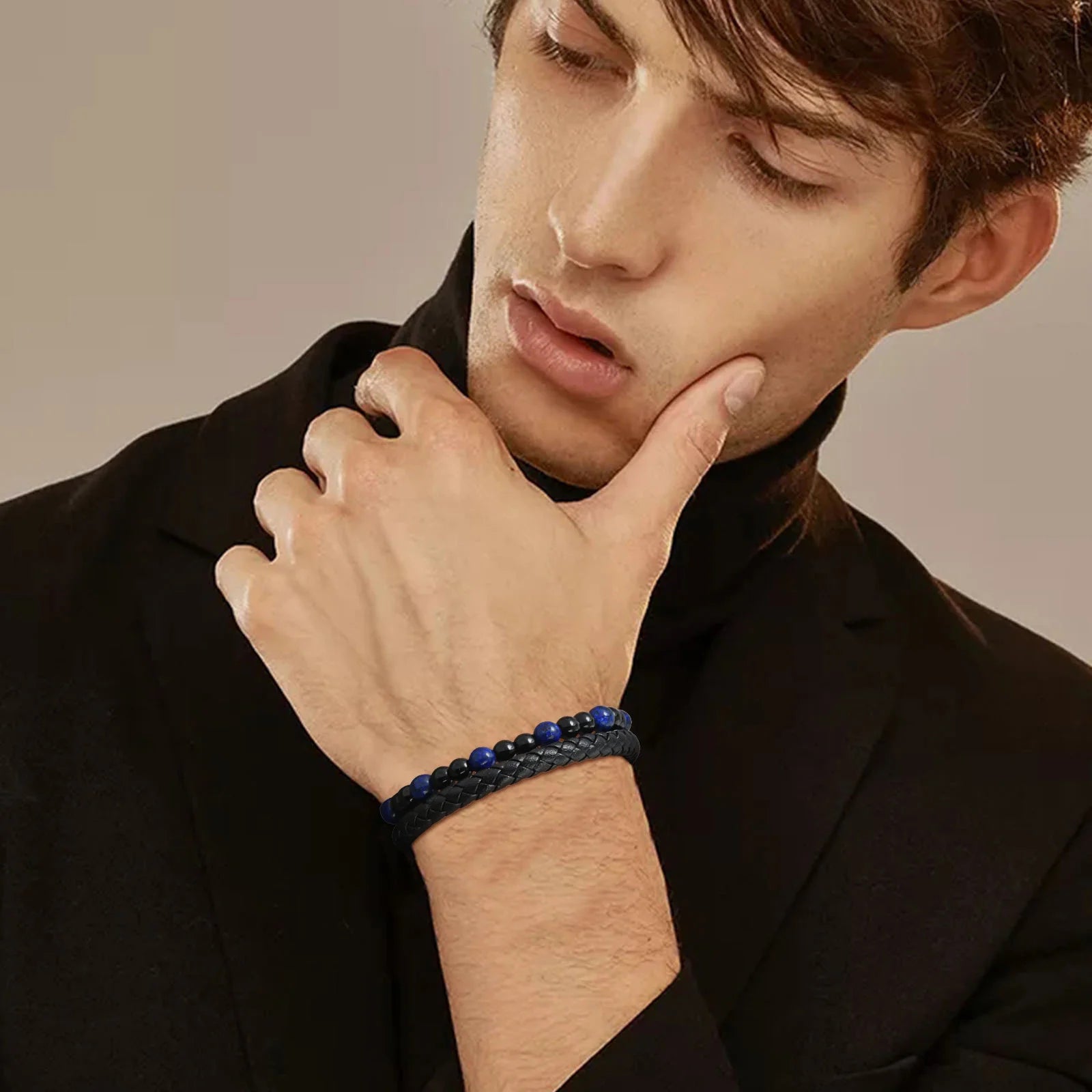 Vnox Tiger Eye Stone Bracelet Men, Blue Black Beads Bracelets, Black Braided Leather Bangle Gift for Dad Fathers Day - Madeinsea©