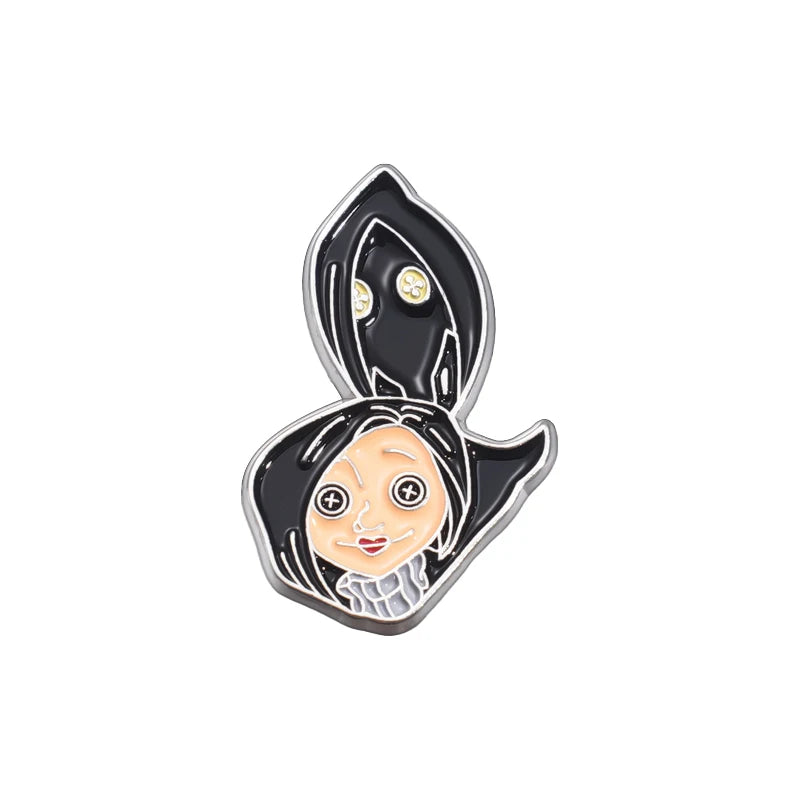 Horror Animated Films Coraline Doll Enamel Pins Cartoon Character Role Brooch Lapel Badge Punk Halloween Jewelry Gift for Friend