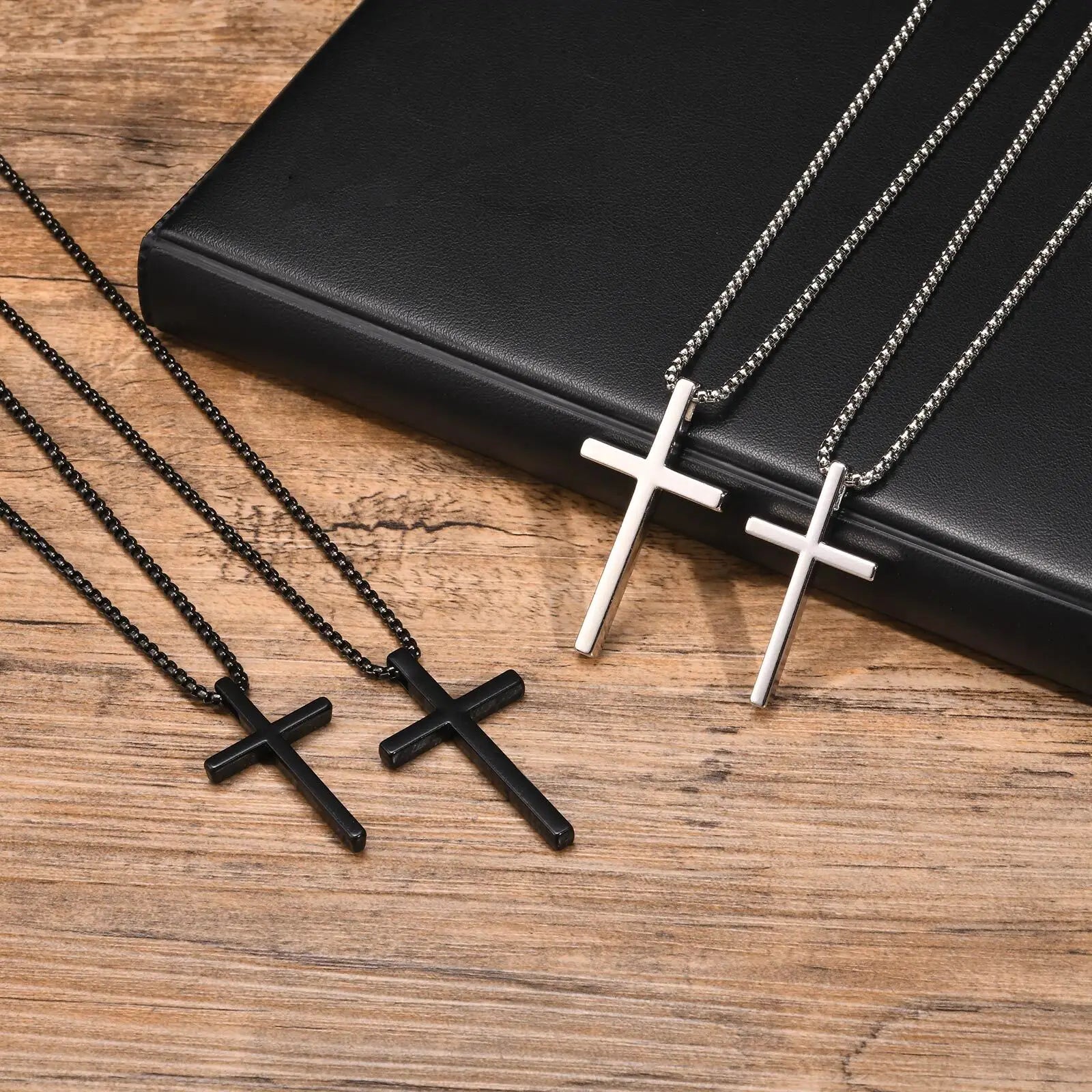 Vnox Unisex Box Chain Cross Necklaces, Men Women Stainless Steel Chain with Alloy Cross Pendant, Religious Faith Cross Necklace - Madeinsea©