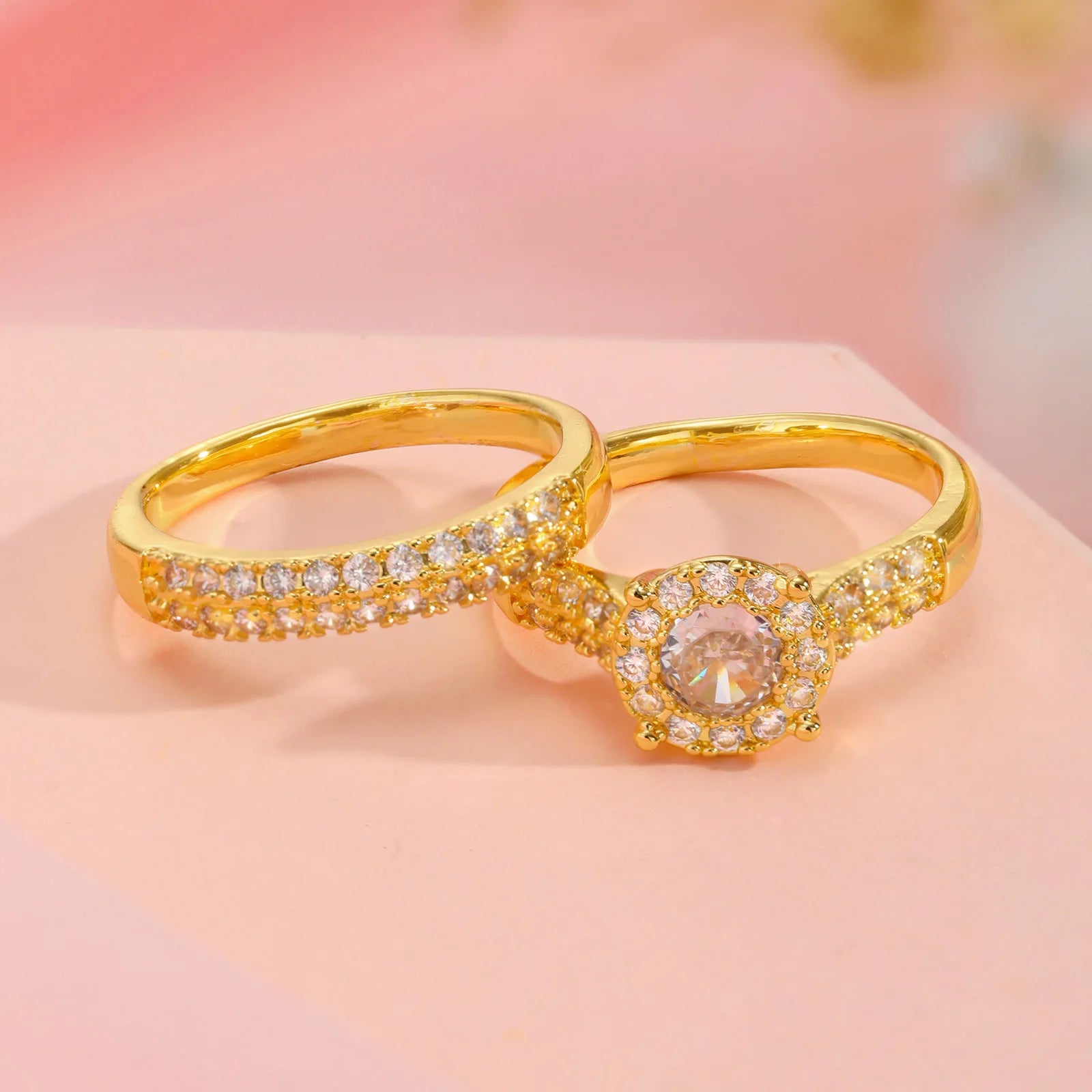 Vnox Lightweight Gold Silver Color 2 Piece Rings Set,Cubic Zirconia Inlaid Circle Rings For Women Girls,Female Jewelry Wedding