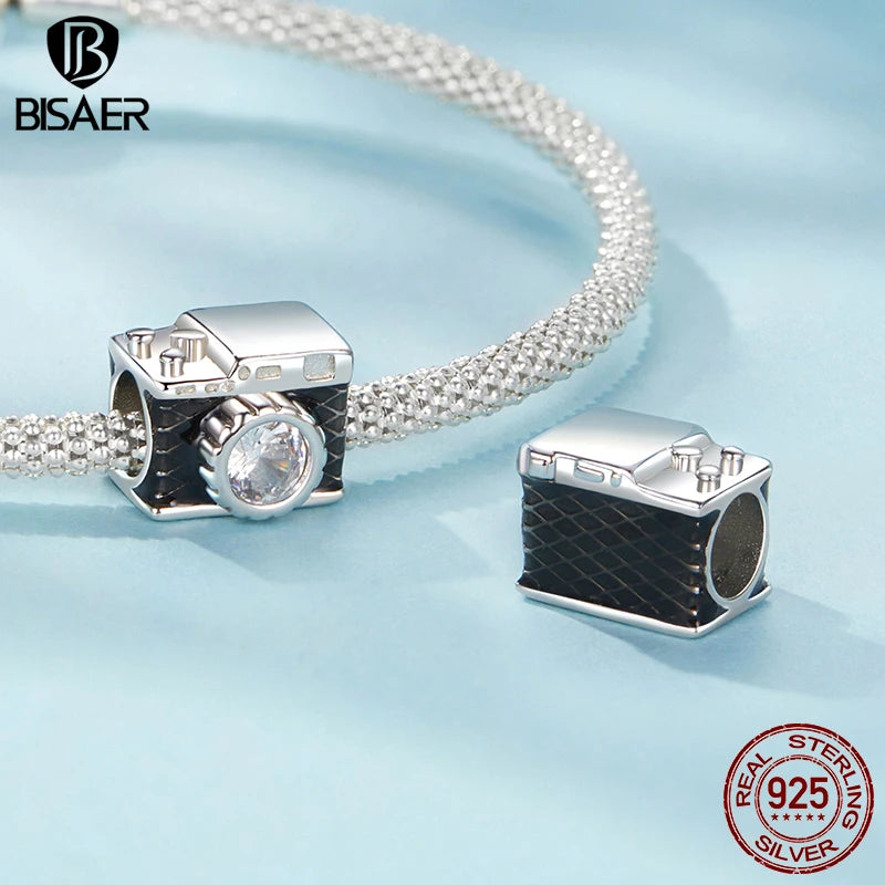 BISAER Real 925 Sterling Silver Camera Charm Bule Shiny Cameras Enamel Pendant For Women DIY Bracelet & Necklace Fine Jewelry