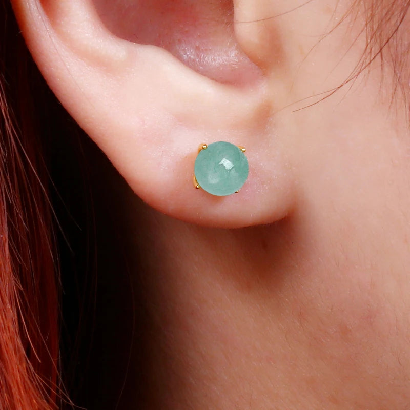 925 Sterling Silver Ladies Casual Four Claw Stud Ear 6.5-7mm Round Natural Aventurine Fashion Earrings for Women Jewelry Gift