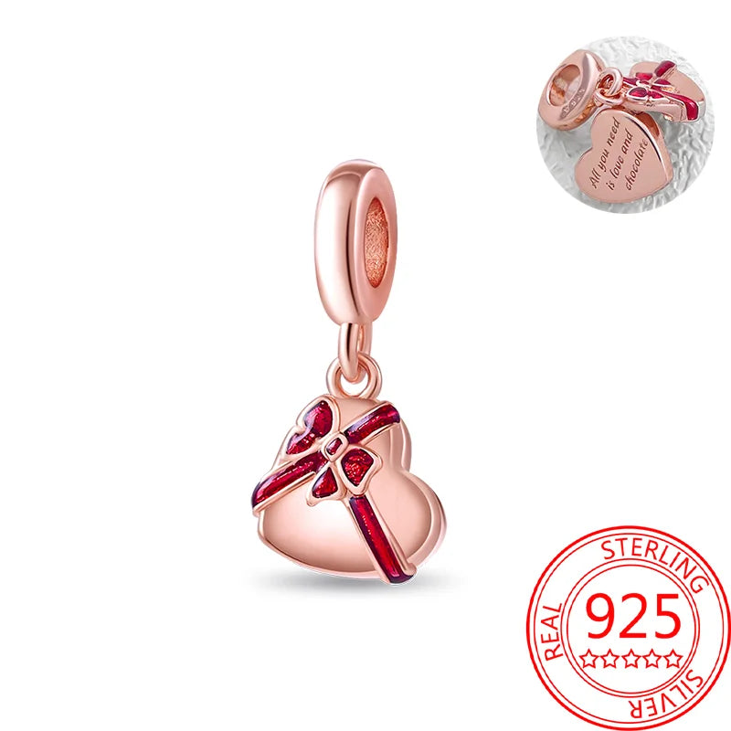 925 Sterling Silver Real Rose Gold Pink Octopus Summer Turtle Heart Dangle Charm Fit Original Bracelet Necklaces Bracelet Girl