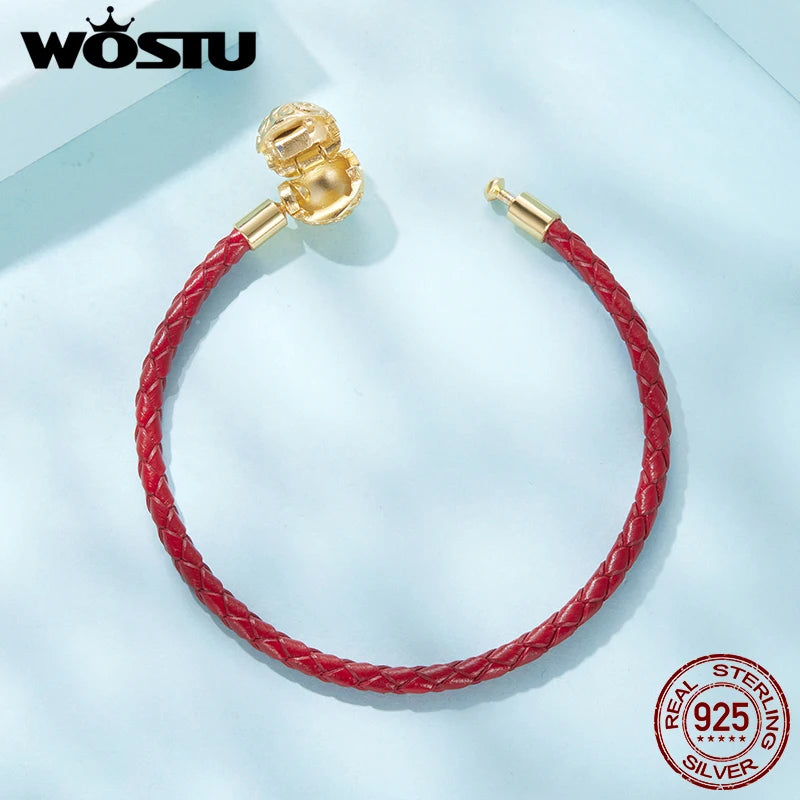 WOSTU 925 Sterling Silver Round Buckle Basic Leather Bracelet Retro Scroll Pattern Original for Woman Man Gift Fine Jewelry DIY