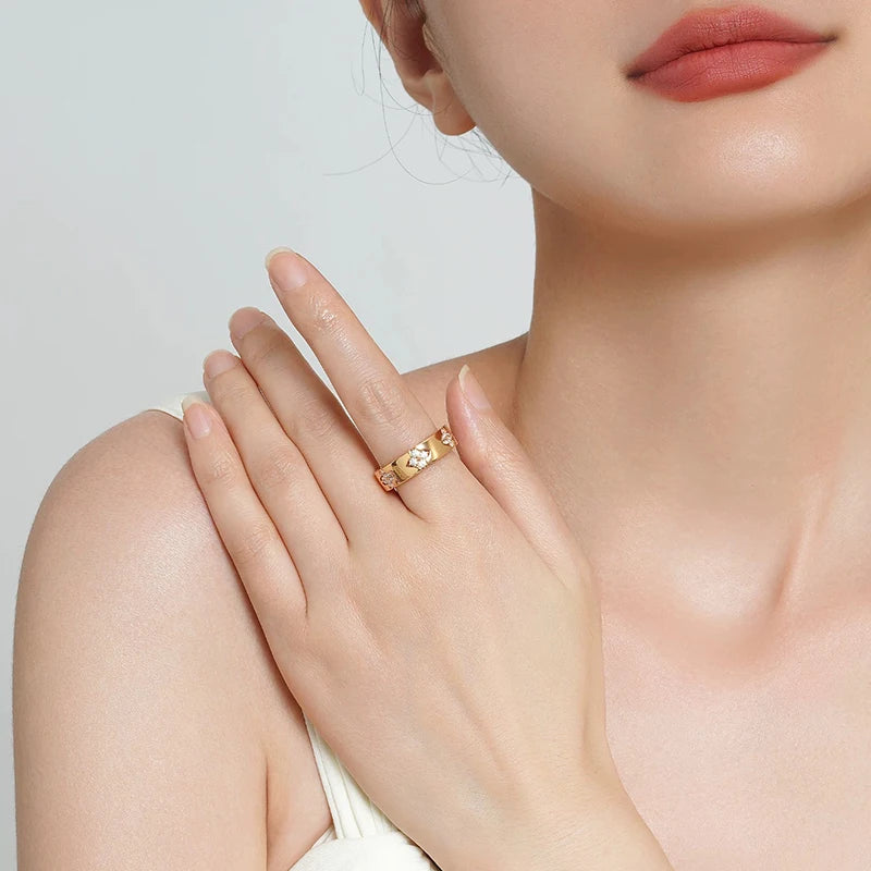 WOSTU Moissanite Clover Hoop Earrings Engagement Ring for Women, 925 Sterling Silver Gold Clover Jewelry Set Xmas New Year Gift