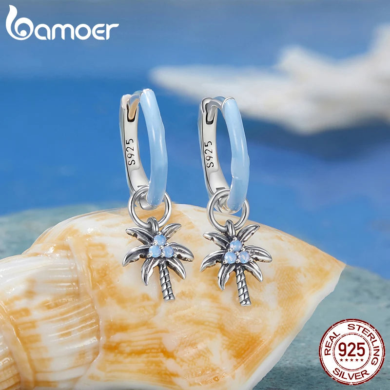 BAMOER 925 Sterling Silver Coconut Palm Tree Dangle Earring Summer Holiday Gift Beach Theme Jewelry Earrings for Women SCE1876