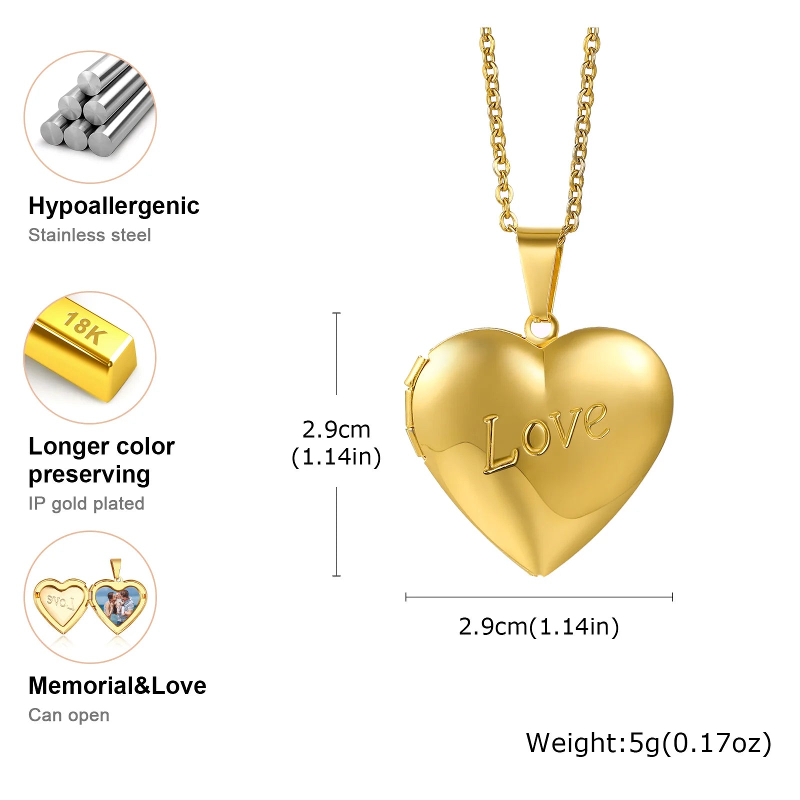 Vnox Light Heart Locket Pendants for Women Men Openable Photo Frame Glossy Stainless Steel Necklaces Family Love Collar