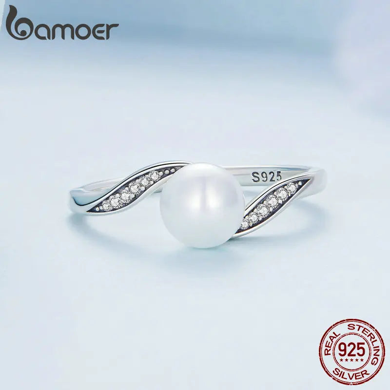 Bamoer 925 Sterling Silber Hochwertiger Muschelkern-Ring Geometrischer Ring Pave Setting CZ für Frauen Geburtstagsgeschenk Edlen Schmuck BSR304