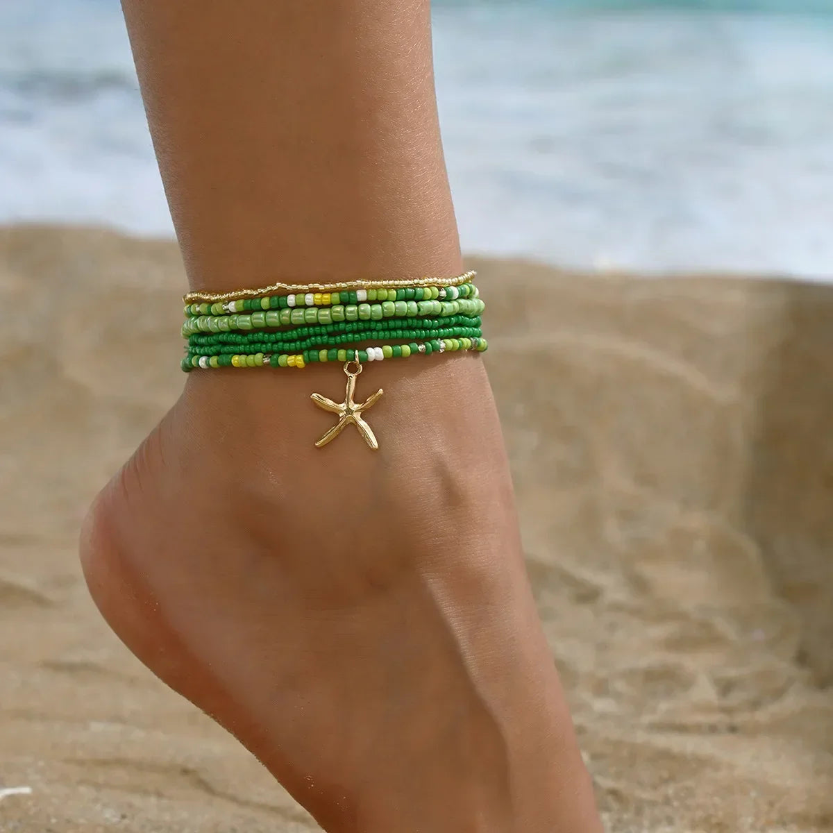 6pcs Set Charm Summer Beach Acrylic Round Ball Beaded Starfish Anklet for Women Multilayer Foot Jewelry Holiday Accessory Gift - Madeinsea©