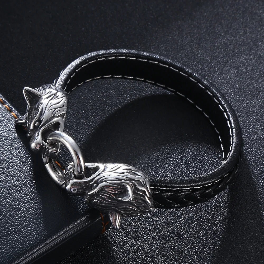 MKENDN Classic Animal Norse Viking Double Wolf Head 316L stainless steel Men's Leather Bracelet Fashion Punk Jewelry Pulseras