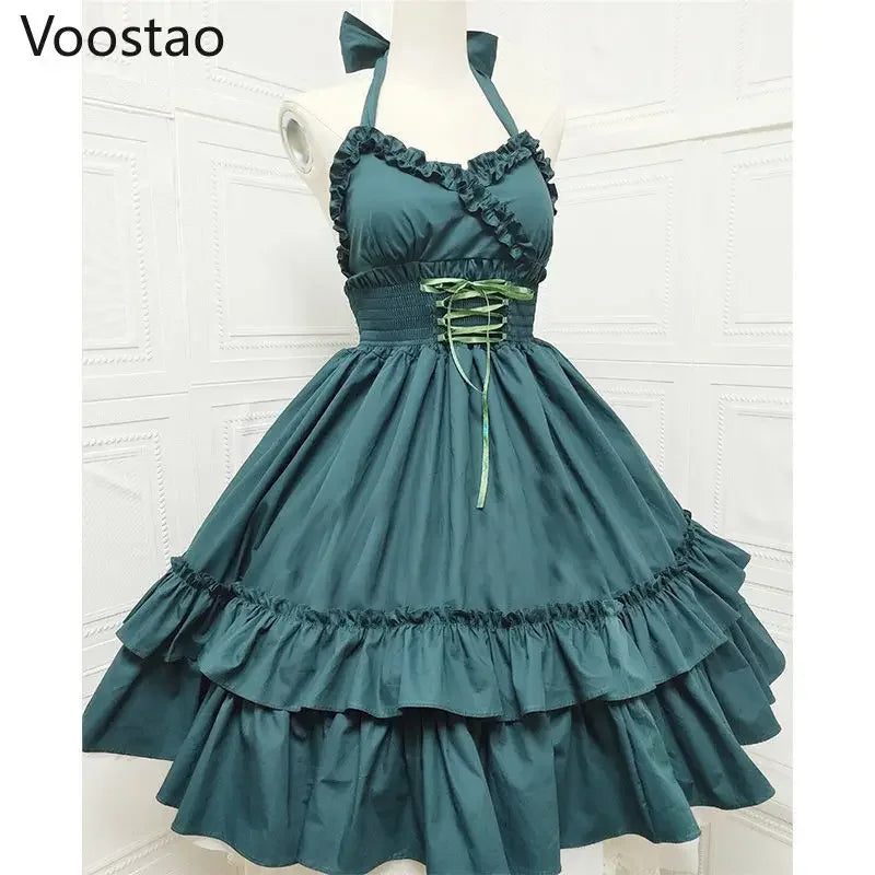 Vintage Elegant Lolita Jsk Dress Women Sweet Princess Dancing Party Slim Dresses Girly Cute Ruffles Halter Collar Wedding Dress