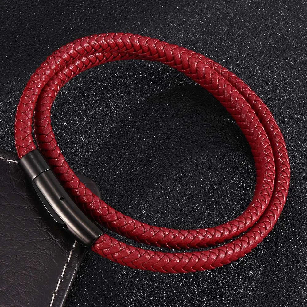 MKENDN Classic Black Stainless Steel Black Blue Braided Leather Bracelet Men Women Handmade Woven Double-Layer Jewelry Gift