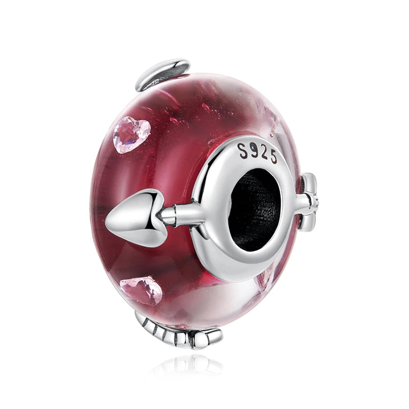 WOSTU 925 Silver Valentine's Gift Love Heart Charm Key Pendant Red Murano Glass Bead Fit DIY Jewelry make For Bracelet Necklace