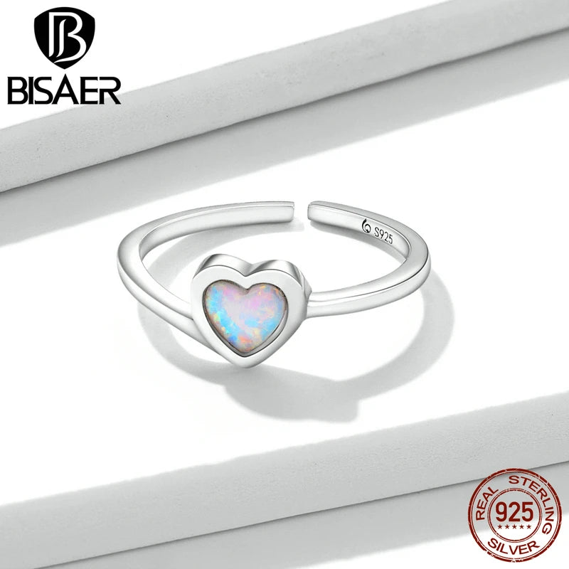 BISAER Bague ouverte en argent sterling 925 avec opale en forme de cœur - Taille réglable : 5 à 9 - Plaqué or blanc - Pour femme - Bijou de fête