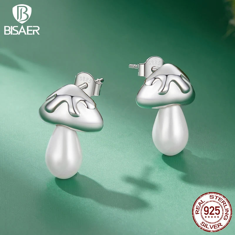BISAER 100% 925 Sterling Silver Cute Mushroom Stud Earrings Pearl Stud Ear Plaqué Or Blanc Pour Femmes Fête Fine Jewelry Cadeau