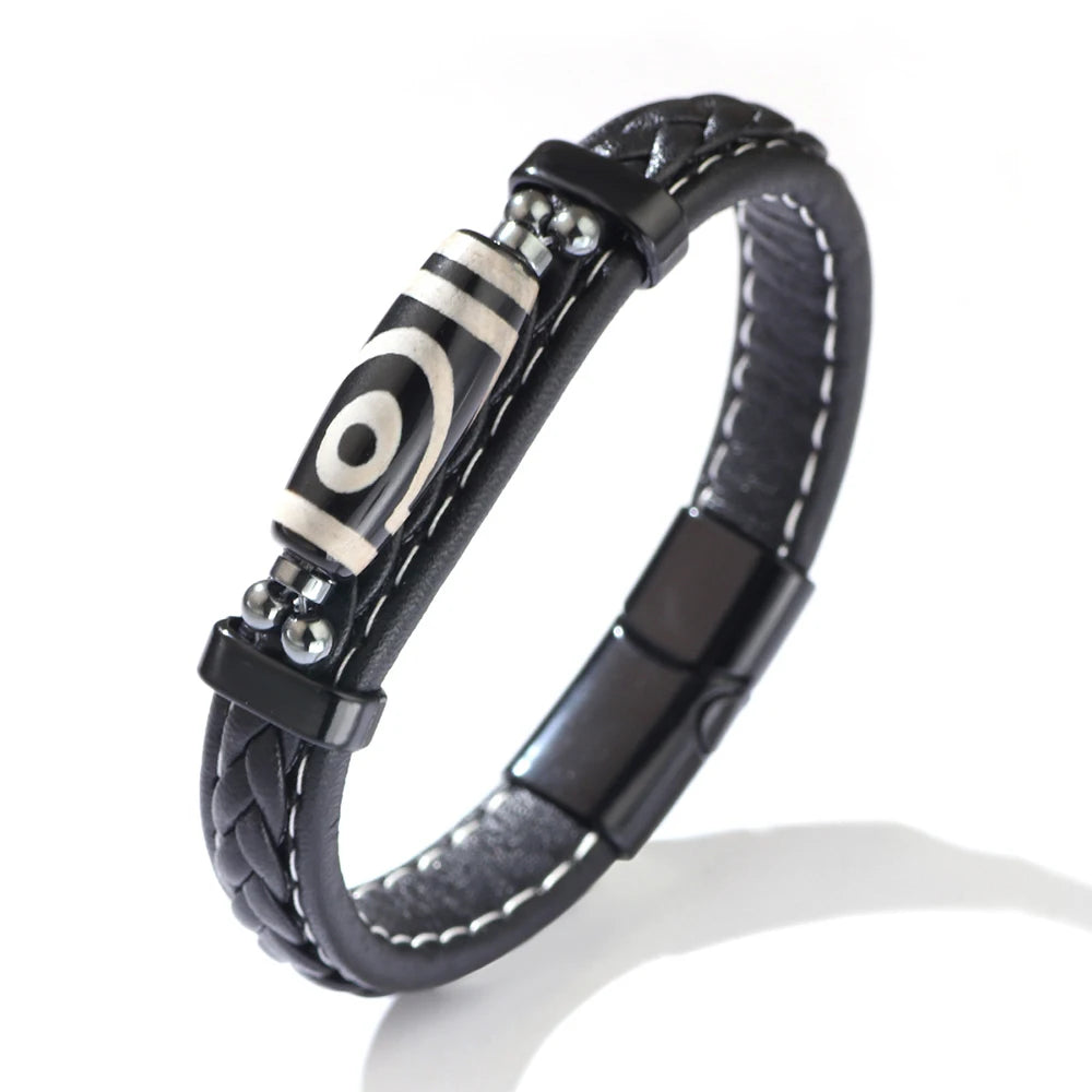 MKENDN Charm Herrenarmband, tibetischer Buddhismus, neunäugiges Dzi-Perlenarmband, Lederarmband, Edelstahl-Accessoires, Glücksarmband
