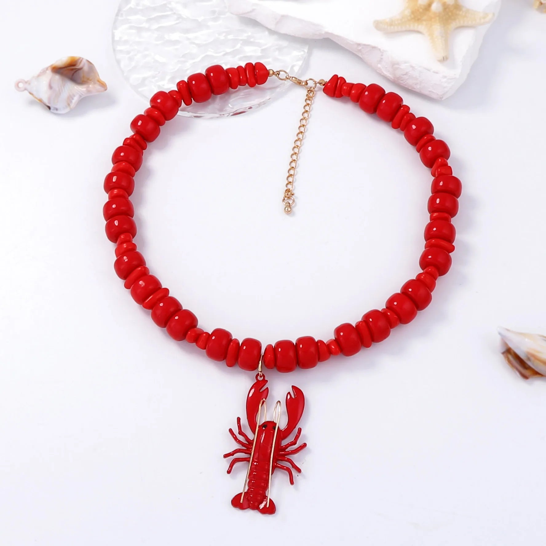 Fashion Beach Ocean Vacation Style Alloy Spray Painted Lobster Pendant Bead Necklace