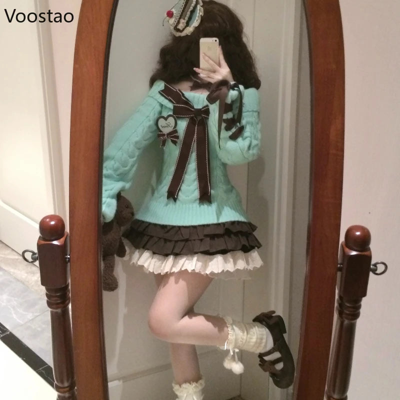 Autumn Winter Sweet Lolita Style Knitted Pullover Women Harajuku Cute Slash Neck Bow Spice Girl Sweaters Femme Y2k Knitwear Tops