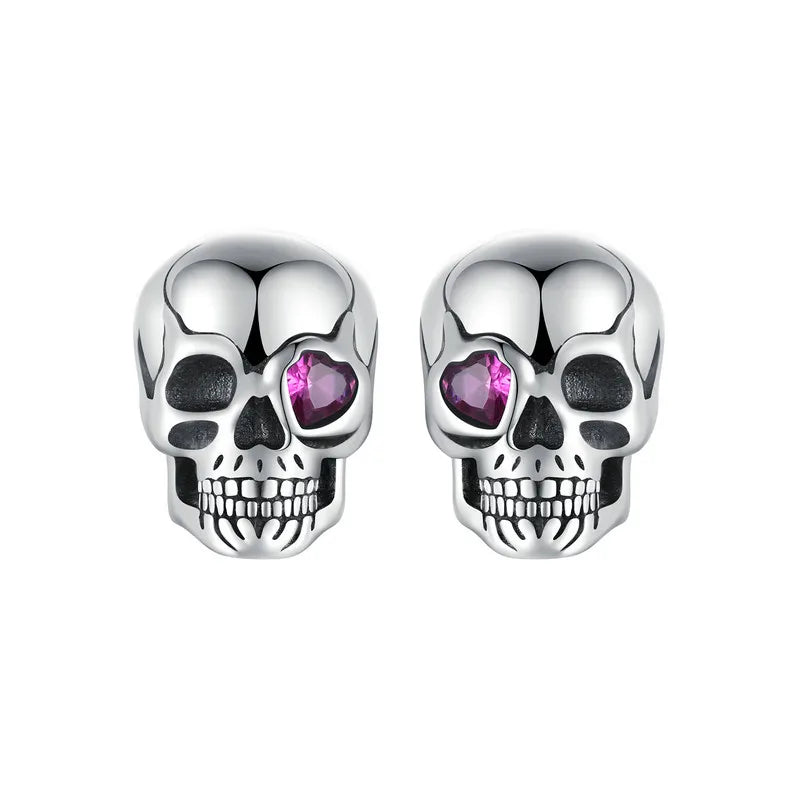 BAMOER 925 Sterling Silver Cool Skull Stud Earrings Red Heart-shaped CZ Hypoallergenic Earrings for Women Fine Jewelry SCE1771