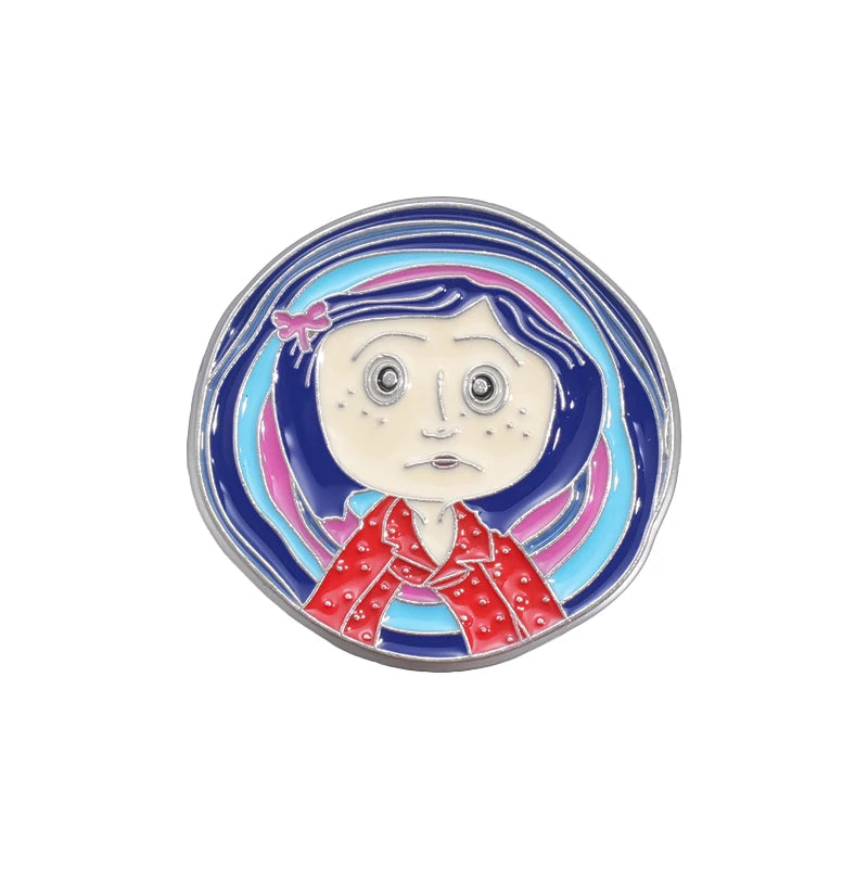 Horror Animated Films Coraline Doll Enamel Pins Cartoon Character Role Brooch Lapel Badge Punk Halloween Jewelry Gift for Friend