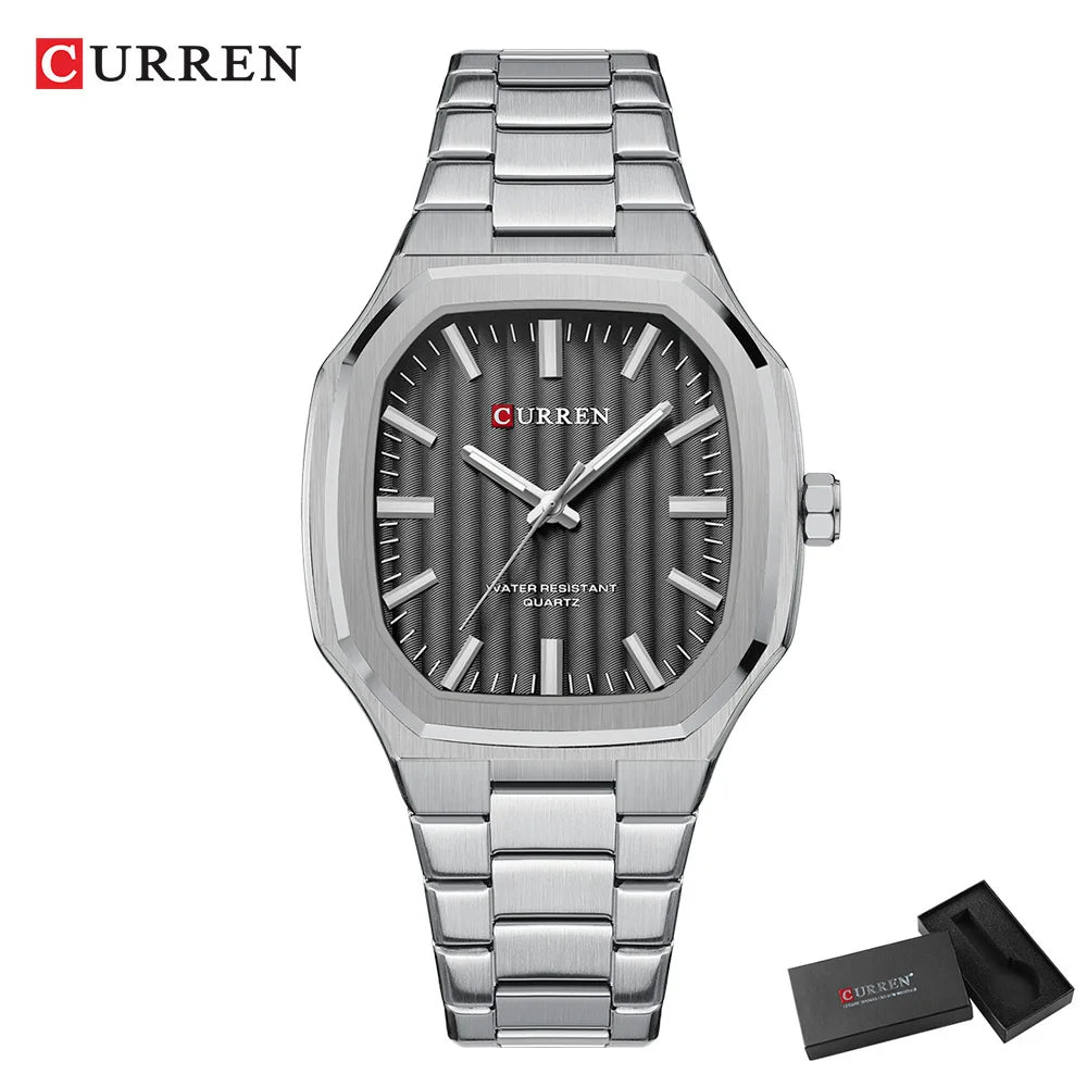 CURREN Luxury Business Square Quartz Watches  Classic Stripe Design Dial with Stainless Steel Band Wristwatch for Men