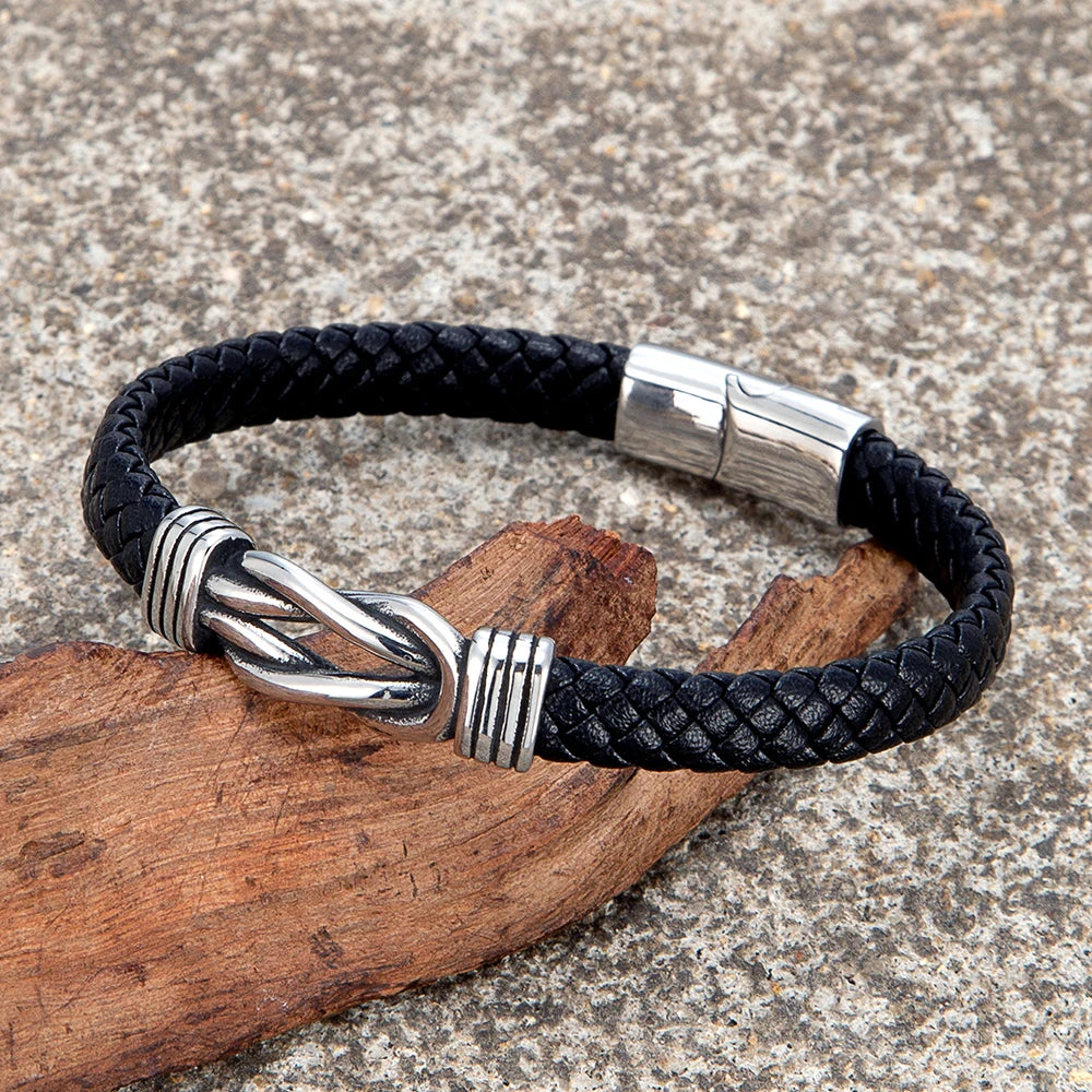 MKENDN Classic Men Square Knot Infinity Bracelet 8MM Width Braided Leather Bracelets For Women 316L Magntic Clasp Jewelry Gifts
