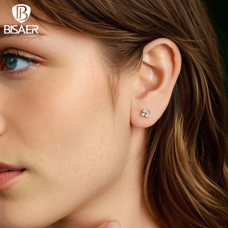 BISAER Four-leaf Clover Moissanite Stud Earrings 925 Sterling Silver VVS1 EX Cut Lab Diamond Stud Ear Girl Party Fine Jewelry