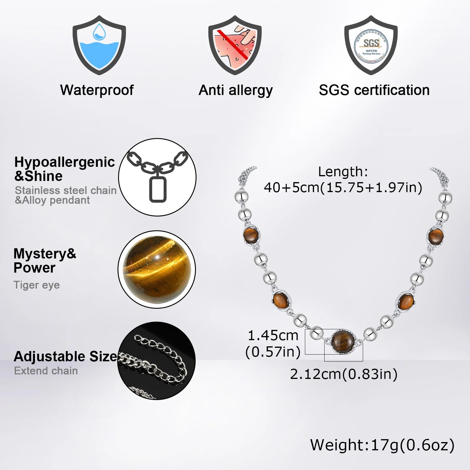 Vnox Aesthetic Tiger Eye Stone Beaded Chain Necklaces, Personality Men Women Chokers,Fashion Clavicle Chain