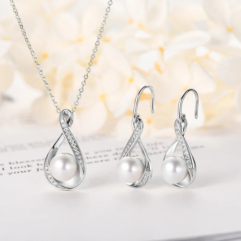 OXTAO 925 Silver Infinity Pendant Necklace Freshwater Pearl Earrings Jewelry Set for Women Moissanite Natural Freshwater Pearl