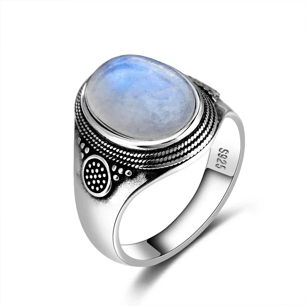 Vintage 925 Sterling Silver Ring Natural Moonstone Ring 10*14mm Oval Large Stone Retro Silver Fine Jewelry Gift For Women Men