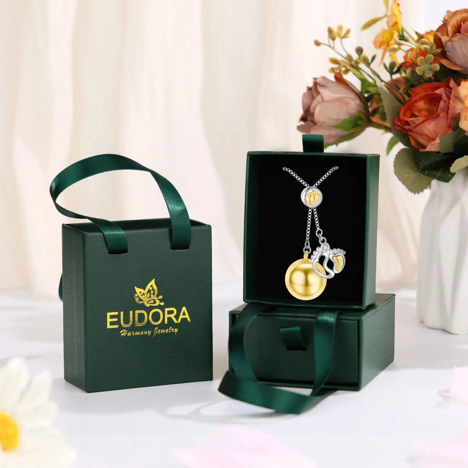 Eudora Harmony Ball Baby Footprint Pendant Pregnancy Bola Baby Chime Ball Angel Caller Necklace Maternity Jewelry DIY Women Gift