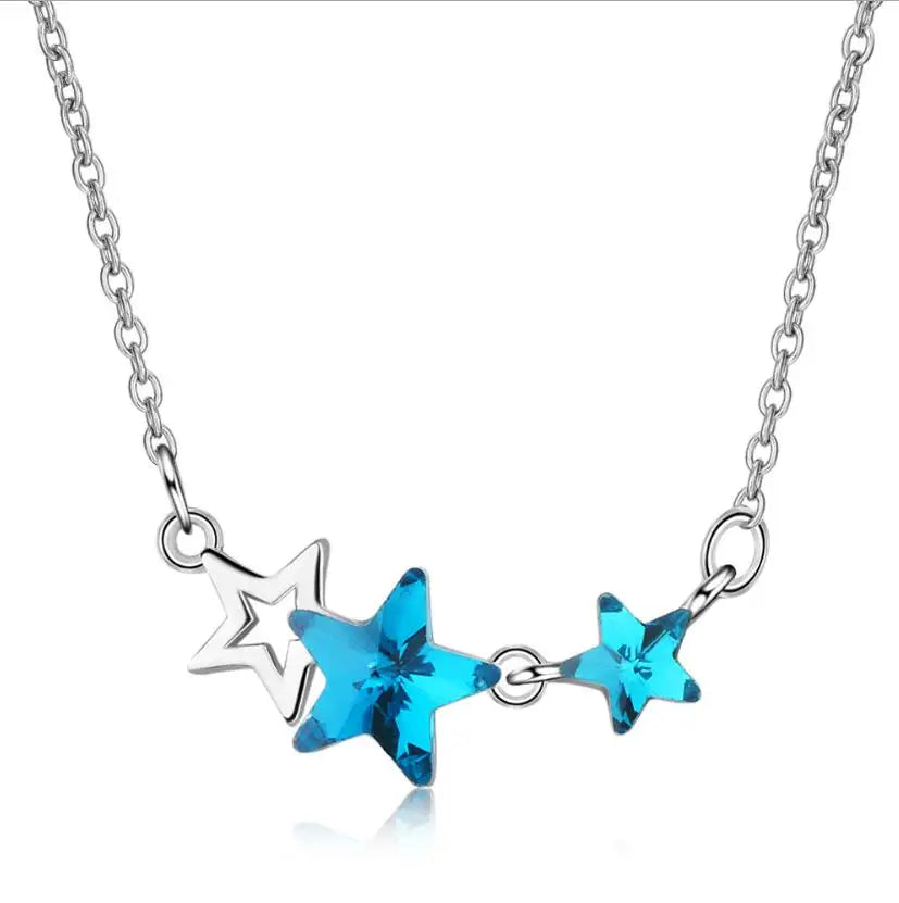 100% 925 Solid Sterling Silver Necklace Women Girl Sweet Star Blue CZ 40cm Short Clavicle Necklace For Teen Jewelry DS981