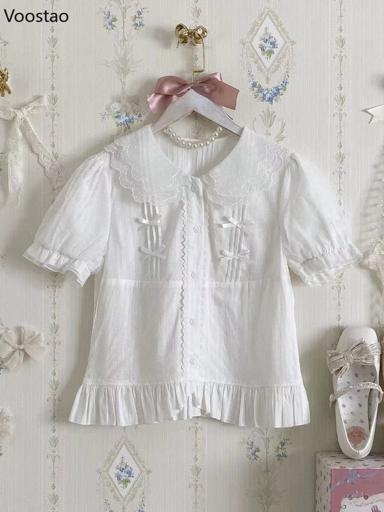 Sweet Lolita Blouses Girly Japanese Kawaii Bow Lace Peter Pan Collar Puff Sleeve JK Shirts Women Cute Princess Tops Blusas Mujer