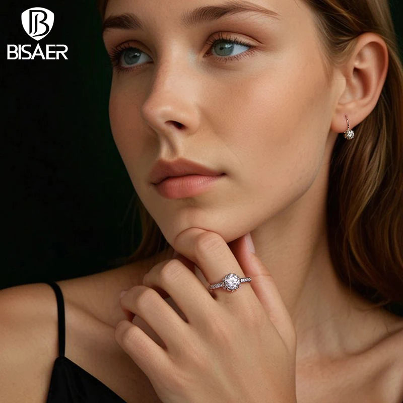 BISAER Platinum Plated Moissanite Flower Earrings 925 Sterling Silver for Women Round Cut Lab Diamond Wedding Fine Jewelry Gift