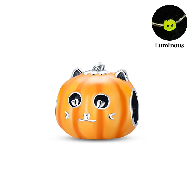 2024 New 925 Sterling Luminous Halloween Skull Witch Pumpkin Candy Charms Beads Fit 3mm Original Bracelets DIY Party Jewelry