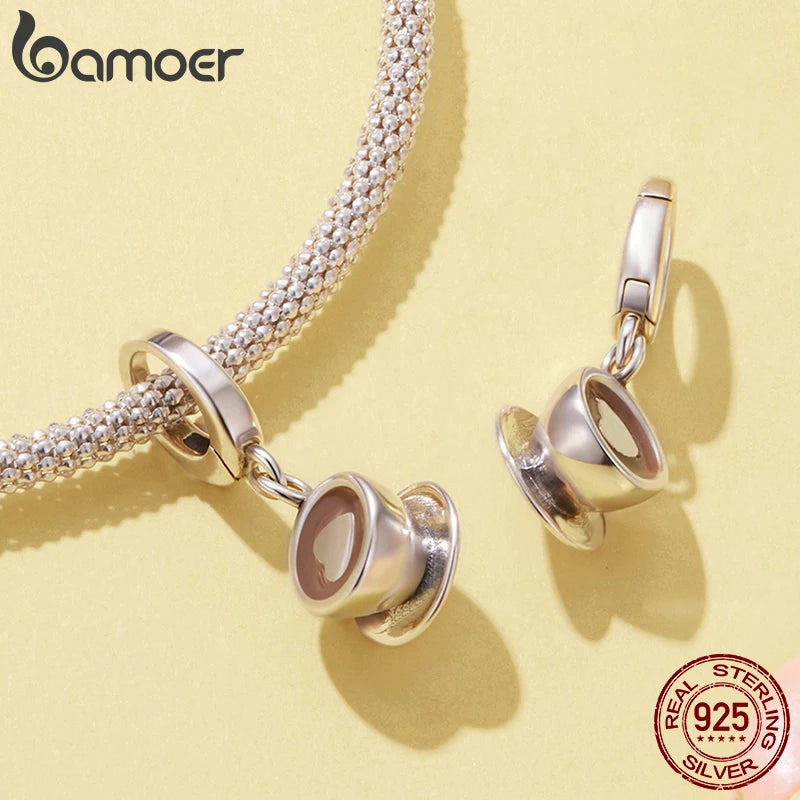 Bamoer 925 Sterling Silver Coffee Cup Clasp Pendant Sweet Dessert Beads Clips for Women Teen Bracelet Daily Jewelry Accessories