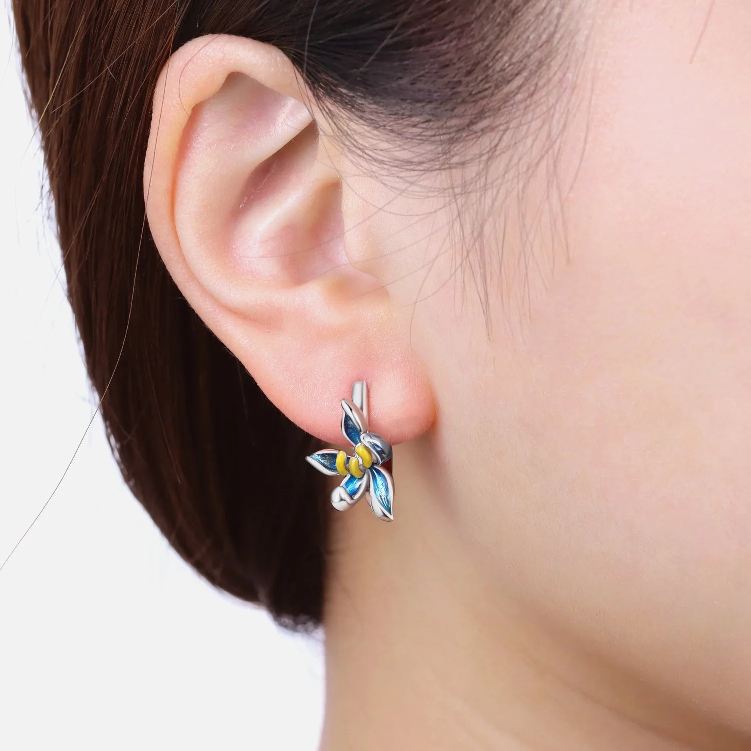 PANPOKI Original 925 Sterling Silver Blue Orchid Flower Earrings Women Hoop Earring Anniversary Jewelry Trendy Gifts