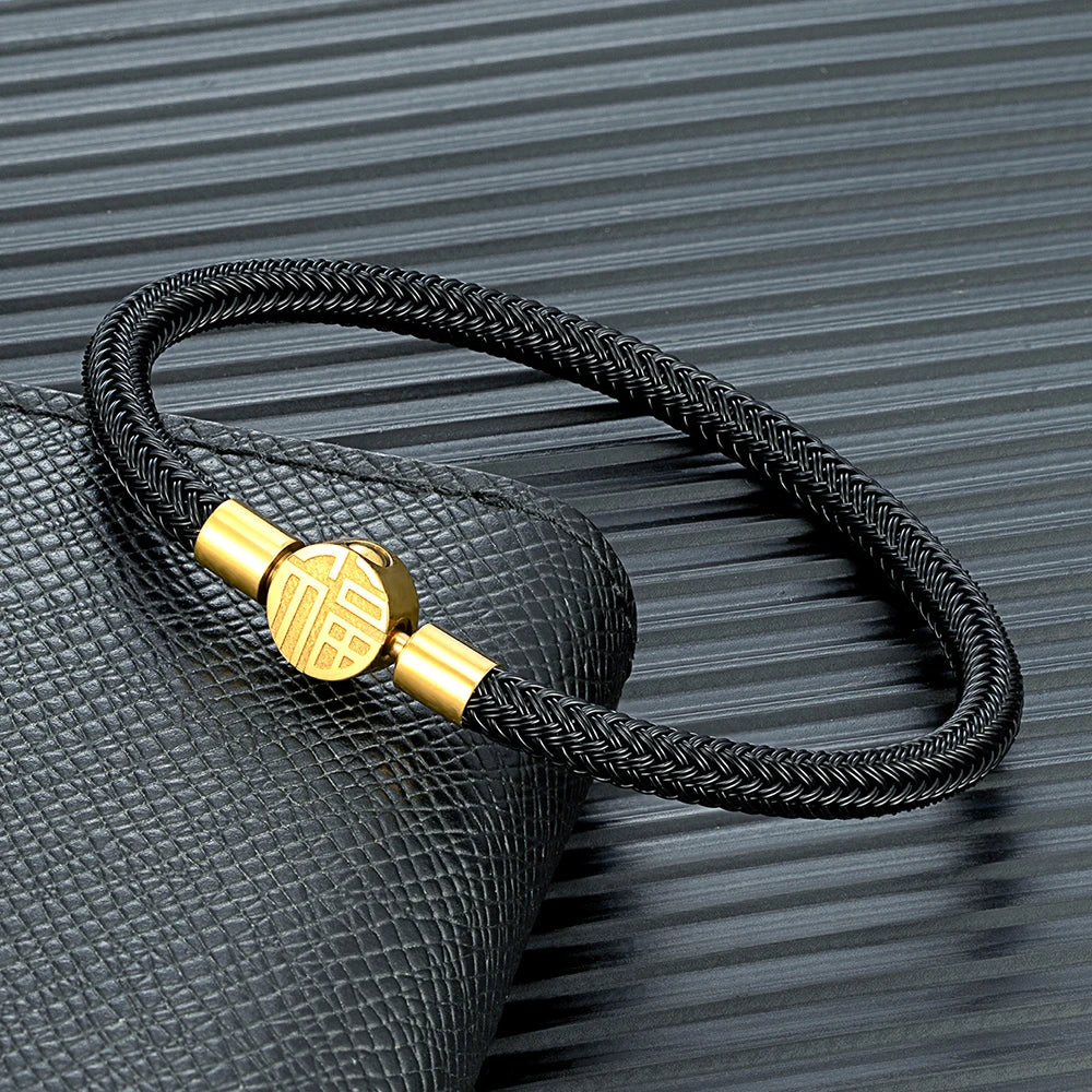 MKENDN 3-4-5mm Black Braided Non-fading Steel Wire Rope Bracelet Men Women Stainless Steel Button Jewelry Unisex Couple Gift