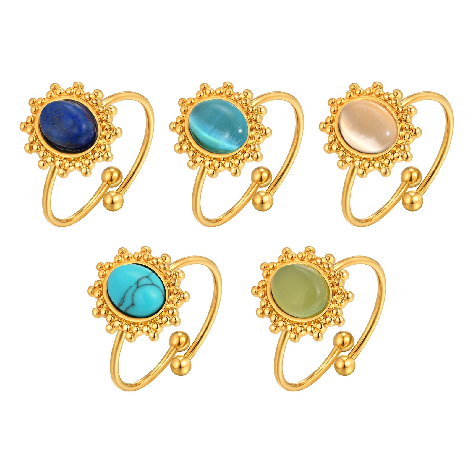 Vnox Stainless Steel Sun Turquoise Opal Rings For Women Gold Color Oval Round Opal Rings Aesthetic Ring Jewelry Wedding Party