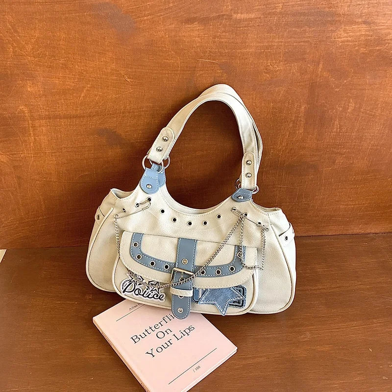 Gothic Punk Y2K One Shoulder Tote Bag, Harajuku Aesthetic Leather Patchwork Casual Handbag, Vintage Beige Female Bags
