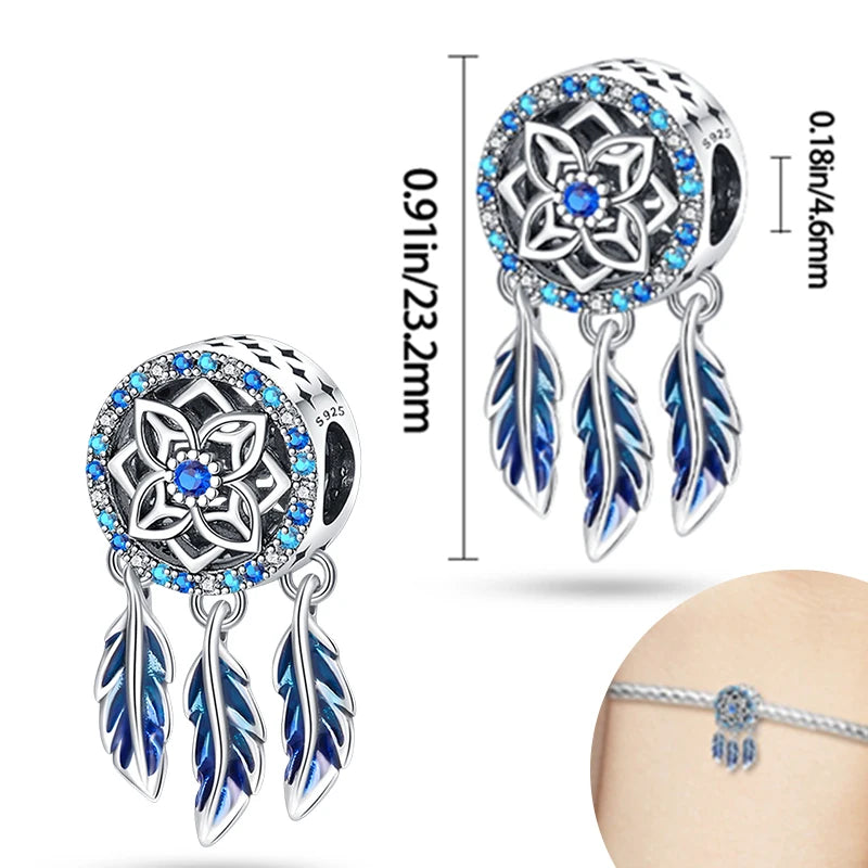 925 Sterling Silver Pendant Charms Feather Dreamcatcher Charm Bead For Original Charm Bracelet Necklace Bead DIY Jewelry Gift