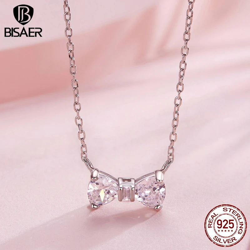 BISAER Bow Pendant Necklace 925 Sterling Silver Bow-knot Adjustable Chain Plated White Gold for Wenmen Party Fine Jewelry Gift