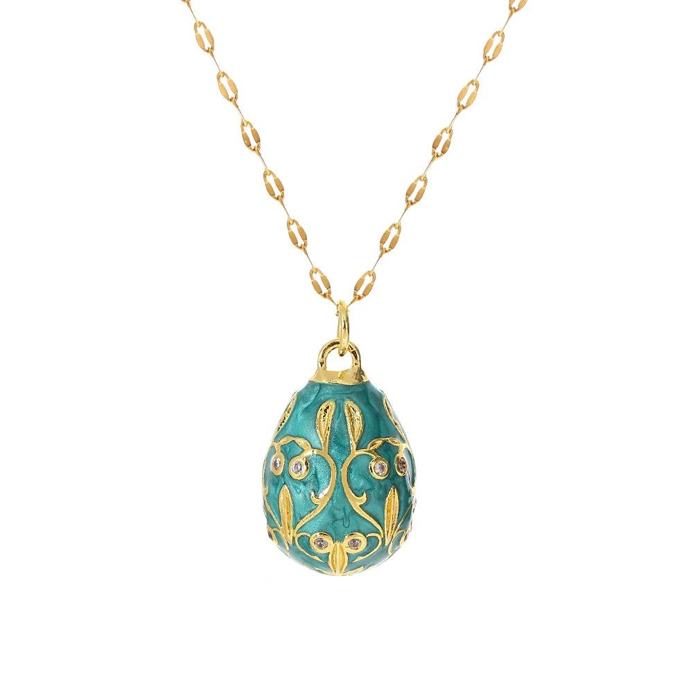 AENSOA Colorful Enamel Easter Egg Pendant Necklaces for Women Guilloche Locket Egg Rhinestone Charm Necklace Gold Color Jewelry