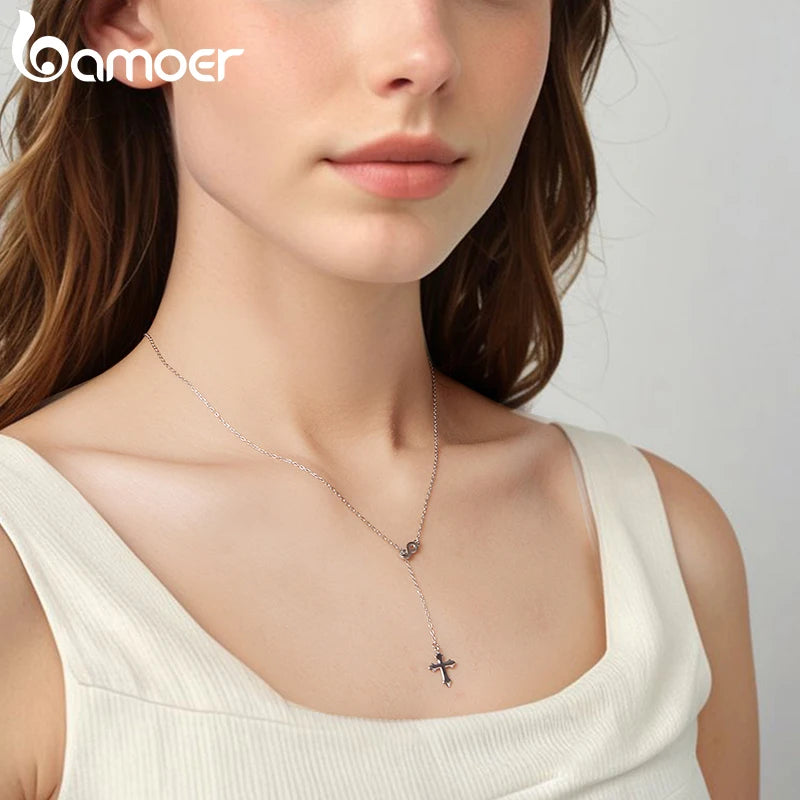 BAMOER  Corss Pendant Necklace Infinite Love Choker Y Chain Link for Women Girls 925 Sterling Silver Eternal Faith Jewelry Gift