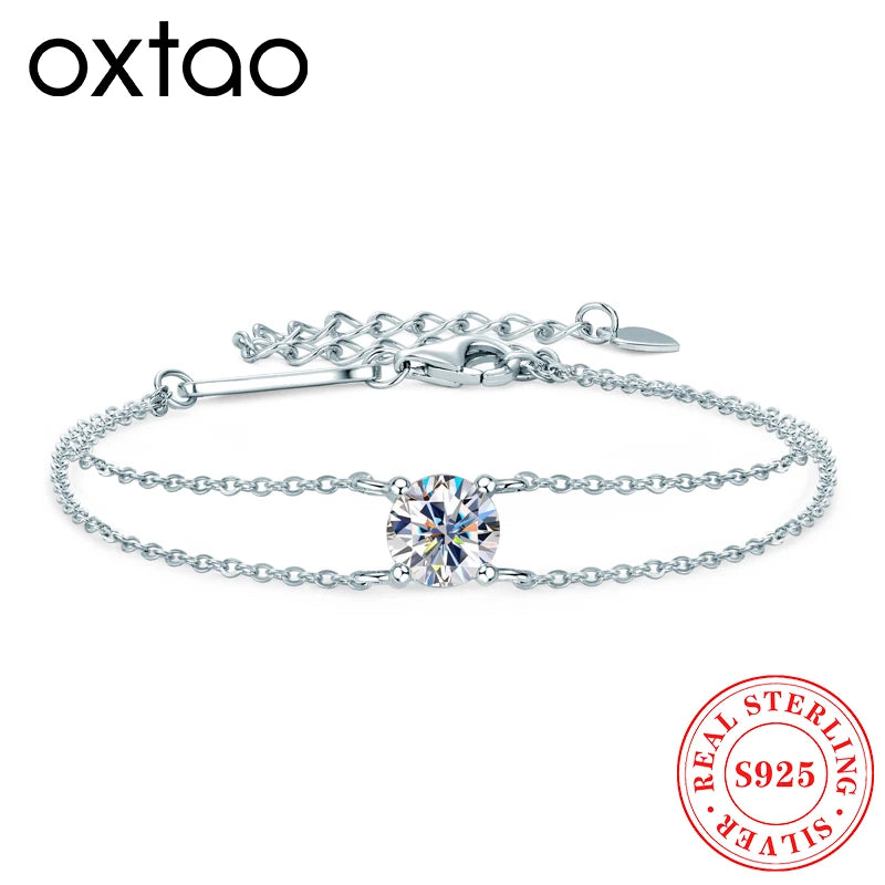 OXTAO D Color 6.5mm 1ct Moissanite Bracelet for Women 925 Sterling Silver Double Chain Bracelets Fine Jewelry Gift GRA Certified