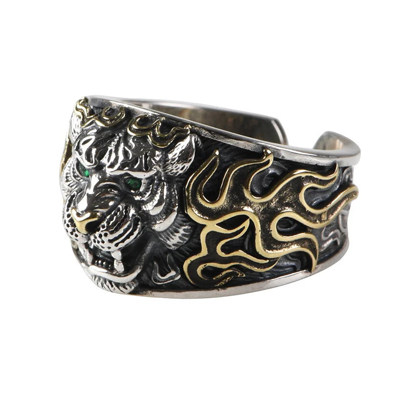 New Fashion Gold Silver Collision Tiger Ring Male Finger Accessories Domineering Tiger Crystal Eye Ring Male Jewelry Open Size