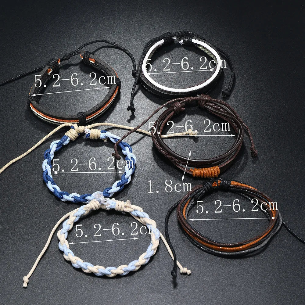 6Pcs/ Set Braided Wrap Leather Bracelets for Men Vintage Life Tree Rudder Charm Wood Beads Ethnic Tribal Wristband Rope Bracelet