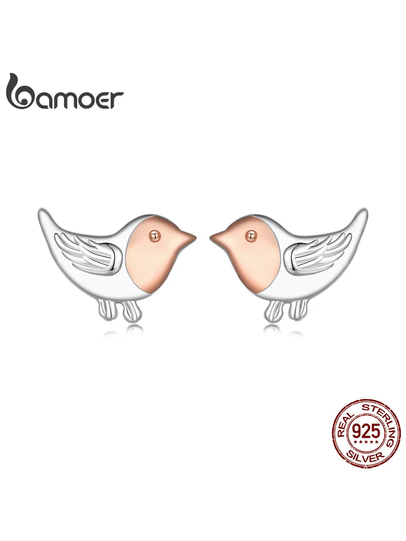 BAMOER 925 Sterling Silver Two-tones Mini Bird Stud Earrings Minimalist Rose Gold Plated Cute Jewelry for Women Teens Birthday