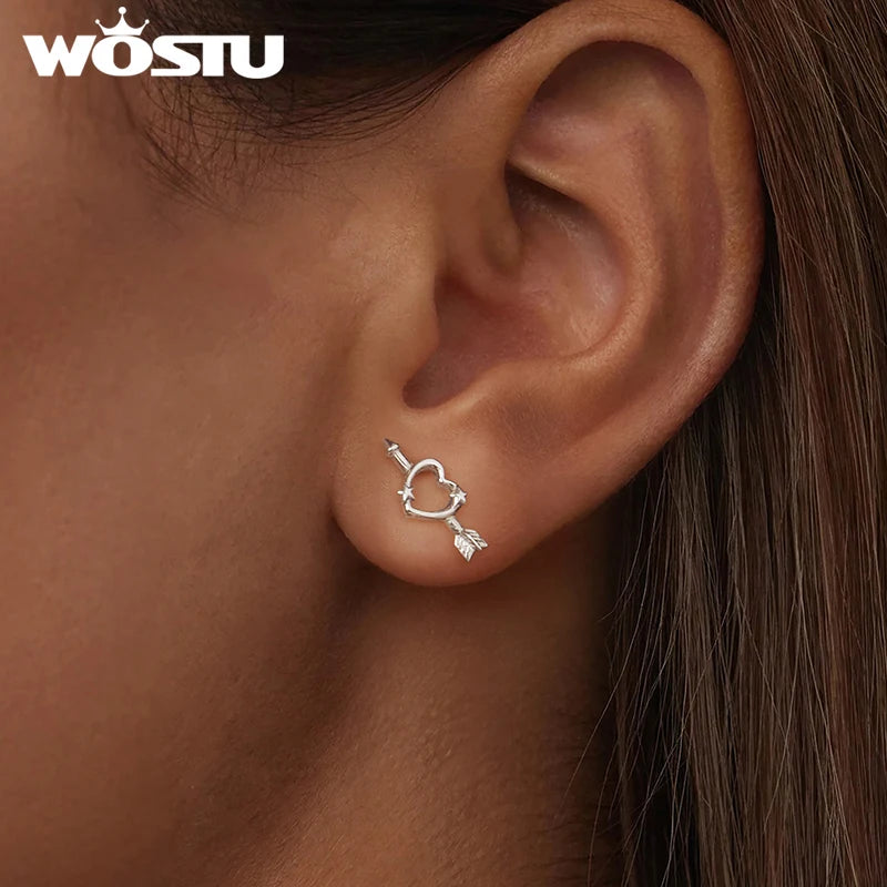 WOSTU 925 Sterling Silver Star Stud Earrings for women Heart Arrow Ear Studs Simple Jewelry Lovely Gift